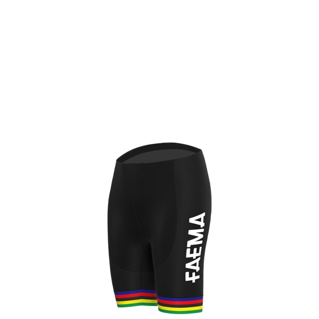The Womens 1969 Faema Retro Cycling Jersey Set includes black cycling shorts featuring FAEMA written vertically in white, designed for pairing with the jersey. The shorts have distinctive green, yellow, red, and blue stripes on the leg cuffs against a plain white background.