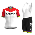 The Womens 1969 Faema Retro Cycling Jersey Set includes a red and white jersey with FAEMA in black, multicolored sleeve stripes, and black bib shorts with FAEMA in white and white suspenders, perfect for cycling enthusiasts looking for nostalgia.
