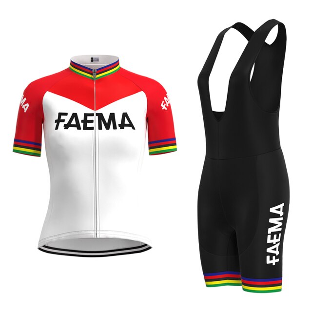 Experience the Womens 1969 Faema Retro Cycling Jersey Set, a classic red and white jersey with signature rainbow stripes on the sleeves. The ensemble includes black bib shorts with matching rainbow accents, celebrating cyclings vibrant heritage.