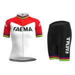 The Womens 1969 Faema Retro Cycling Jersey Set includes a white and red top with Faema in bold letters, paired with black shorts. Rainbow stripes at the sleeves and hem add a vibrant touch.