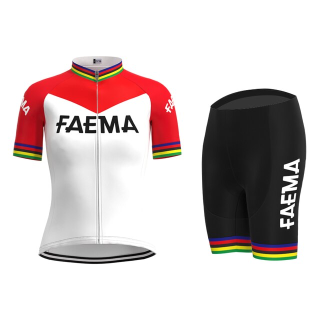 The Womens 1969 Faema Retro Cycling Jersey Set includes a white and red top with Faema in bold letters, paired with black shorts. Rainbow stripes at the sleeves and hem add a vibrant touch.