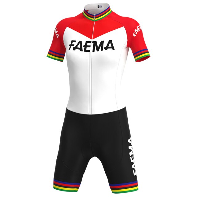 The Womens 1969 Faema Retro Cycling Jersey Set showcases a vibrant red, white, and black design with the FAEMA logo on the front and sleeves. Rainbow stripes highlight the collar and shorts, offering a classic style.