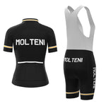 The Womens Molteni Black Retro Cycling Jersey Set includes a stylish black and white jersey with Molteni inscribed, paired with breathable bib shorts accented in yellow, offering a classic look for every ride.