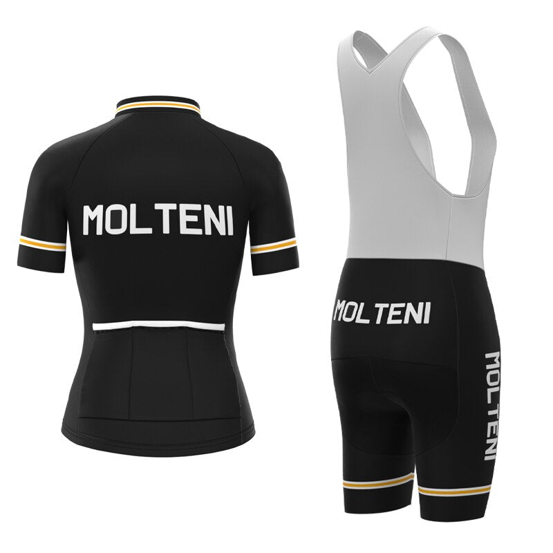 The Womens Molteni Black Retro Cycling Jersey Set includes a stylish black and white jersey with Molteni inscribed, paired with breathable bib shorts accented in yellow, offering a classic look for every ride.