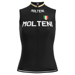 The Womens Molteni Black Retro Cycling Jersey Set features MOLTENI in white on a black background, an Italian flag emblem, and a yellow, black, and white striped collar. The sleeveless jersey with front zipper pairs perfectly with breathable shorts to complete the set.