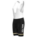 The Womens Molteni Black Retro Cycling Jersey Set includes a chic sleeveless top in black and white paired with breathable shorts. The bib shorts feature MOLTENI on the side, accented by elegant yellow and white stripes at the hem.