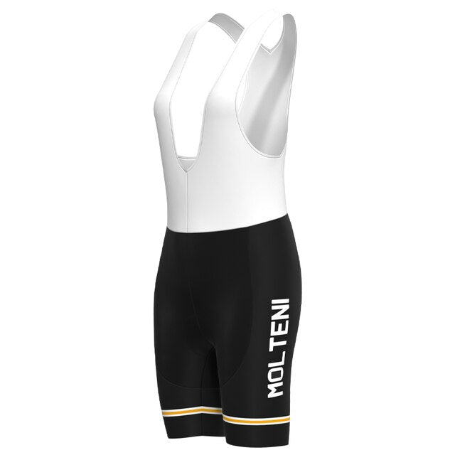 The Womens Molteni Black Retro Cycling Jersey Set includes a chic sleeveless top in black and white paired with breathable shorts. The bib shorts feature MOLTENI on the side, accented by elegant yellow and white stripes at the hem.