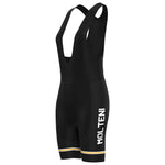 The Womens Molteni Black Retro Cycling Jersey Set includes bib shorts adorned with MOLTENI in white on the left leg. Designed for comfort, they feature shoulder straps, a low neckline, and beige hem stripes. The breathable fabric has a smooth matte finish to ensure stylish ease on every ride.