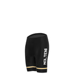 The Womens Molteni Black Retro Cycling Jersey Set features black cycling shorts with MOLTENI in white on the left leg, complemented by a subtle white and beige stripe near the hem. These breathable shorts are part of a complete retro jersey set.