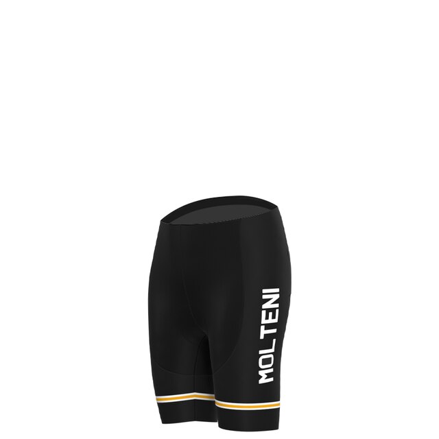 The Womens Molteni Black Retro Cycling Jersey Set features black cycling shorts with MOLTENI in white on the left leg, complemented by a subtle white and beige stripe near the hem. These breathable shorts are part of a complete retro jersey set.