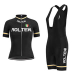 The Womens Molteni Black Retro Cycling Jersey Set showcases MOLTENI text and an Italian flag on the jersey, with yellow and white accents. Paired with breathable bib shorts, it ensures ultimate comfort.