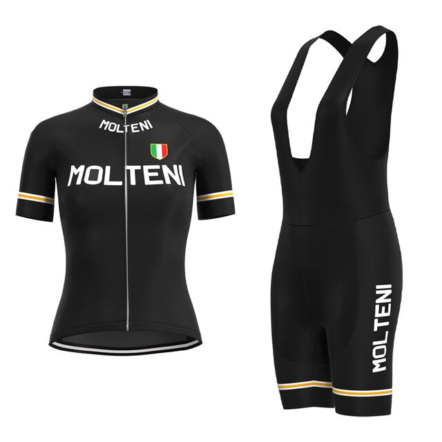 The Womens Molteni Black Retro Cycling Jersey Set showcases MOLTENI text and an Italian flag on the jersey, with yellow and white accents. Paired with breathable bib shorts, it ensures ultimate comfort.