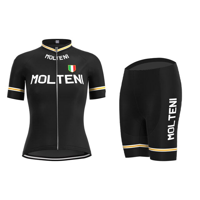 The Womens Molteni Black Retro Cycling Jersey Set includes a short-sleeve jersey with a front zipper, MOLTENI text, an Italian flag emblem, and breathable shorts. Both pieces feature classic white and gold edge accents.