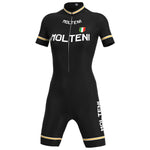 The Womens Molteni Black Retro Cycling Jersey Set is a black ensemble with MOLTENI in white on the chest and legs. It features an Italian flag emblem, yellow sleeve trim, breathable shorts, and a front zipper for versatility.