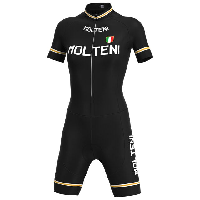 The Womens Molteni Black Retro Cycling Jersey Set is a black ensemble with MOLTENI in white on the chest and legs. It features an Italian flag emblem, yellow sleeve trim, breathable shorts, and a front zipper for versatility.