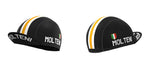 The Womens Molteni Black Retro Cycling Jersey Set features cycling caps in black and white with MOLTENI text and an Italian flag design. It complements the jersey, which has yellow and white lengthwise stripes, with front and back views shown.