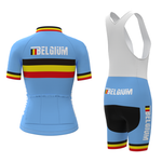 Showcasing two items from the Womens Belgium Cycling Team Retro Cycling Jersey Set: a retro jersey with Belgium and black, yellow, red stripes on blue, and a matching bib short with bold Belgium text on the side in similar colors.
