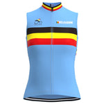 The Womens Belgium Cycling Team Retro Cycling Jersey Set features a light blue retro jersey with horizontal black, yellow, and red stripes, BELGIUM, and a team logo on the chest. It is designed for comfort with a center zip for adjustable airflow.