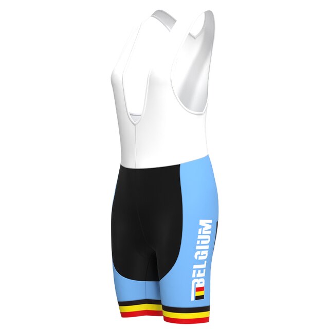Discover the charm of the Womens Belgium Cycling Team Retro Cycling Jersey Set. It includes a white sleeveless top and light blue shorts with black sections, plus hem stripes in black, yellow, and red. BELGIUM is boldly printed vertically on the side to showcase team spirit.