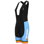 The Womens Belgium Cycling Team Retro Cycling Jersey Set includes black and light blue bib shorts featuring BELGIUM on the side, with retro red, yellow, and black stripes at the leg openings for a stylish look that complements your jersey.