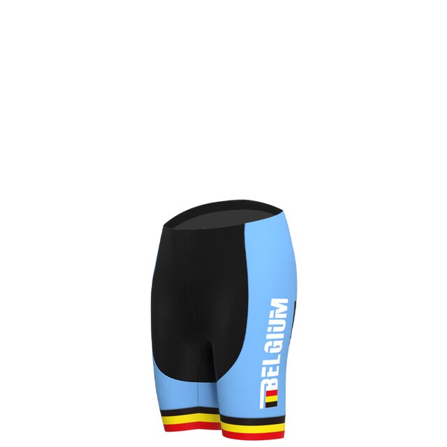This Womens Belgium Cycling Team Retro Cycling Jersey Set features vibrant blue, black, yellow, and red cycling shorts with Belgium on the side for a complete look.