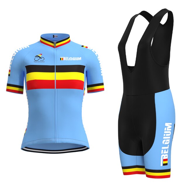 The Womens Belgium Cycling Team Retro Cycling Jersey Set features a light blue retro design with bold black, red, yellow, and white accents. BELGIUM is prominently displayed alongside the striped Belgian flag. The jersey includes a front zipper and short sleeves, perfect for any female cyclist.