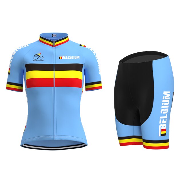 The Womens Belgium Cycling Team Retro Cycling Jersey Set includes a light blue jersey and shorts with horizontal black, yellow, and red stripes. Both pieces have Belgium on them, while the jersey features short sleeves and a front zipper for a classic yet modern look.