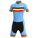 The Womens Belgium Cycling Team Retro Cycling Jersey Set is inspired by the Womens Cycling Team, featuring Belgium text and colors. The light blue suit with black, yellow, and red stripes on the chest, cuffs, and hemline embodies a retro flair with its short sleeves and shorts.
