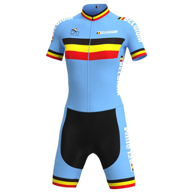 The Womens Belgium Cycling Team Retro Cycling Jersey Set is inspired by the Womens Cycling Team, featuring Belgium text and colors. The light blue suit with black, yellow, and red stripes on the chest, cuffs, and hemline embodies a retro flair with its short sleeves and shorts.