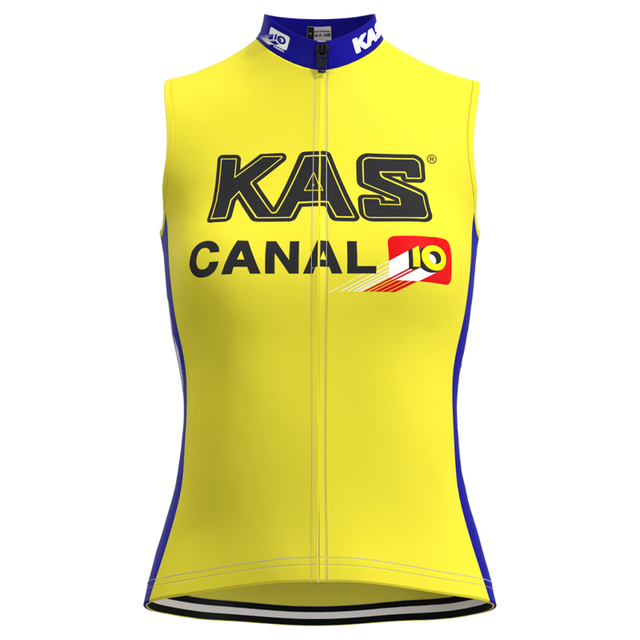 The Womens KAS Canal Retro Cycling Jersey Set features a yellow sleeveless design with blue sides, front zipper, and bold KAS CANAL 10 text alongside a logo with red and yellow stripes. Ideal for women cyclists who appreciate style and nostalgia.