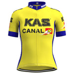The Womens KAS Canal Retro Cycling Jersey Set is bright yellow with prominent KAS and CANAL 10 logos on the front and sleeves. It features blue accents on the sides, collar, and sleeve edges, plus a practical front zipper for comfort.
