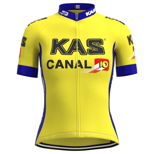 The Womens KAS Canal Retro Cycling Jersey Set is bright yellow with prominent KAS and CANAL 10 logos on the front and sleeves. It features blue accents on the sides, collar, and sleeve edges, plus a practical front zipper for comfort.