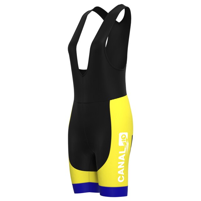 The Womens KAS Canal Retro Cycling Jersey Set features cycling bib shorts with a black upper, a yellow lower, blue hem accents, and CANAL 10 in white on the side. Inspired by the classic KAS Canal Jersey, it offers a sleek, aerodynamic design ideal for enthusiasts.