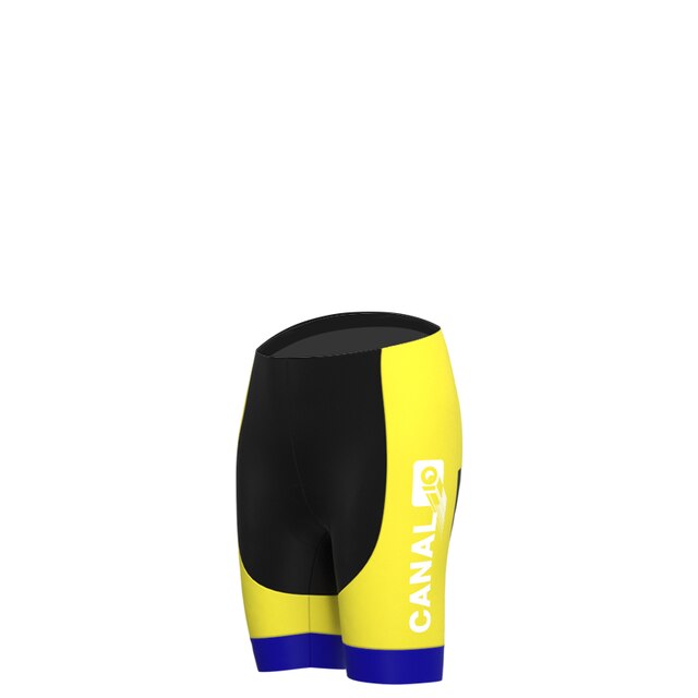 These yellow and black cycling shorts with blue accents, featuring CANAL10 in white vertically on the left, resemble a Retro Cycling Jersey and perfectly complement the Womens KAS Canal Retro Cycling Jersey Set with their sleek and modern design.