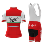 The Womens La Casera-Bahamontes Retro Cycling Jersey Set features a red, green, and white design with logo, combining a short-sleeve jersey showing a full back view and bib shorts in half-side/back view. Striped accents on sleeves and shorts add classic charm.
