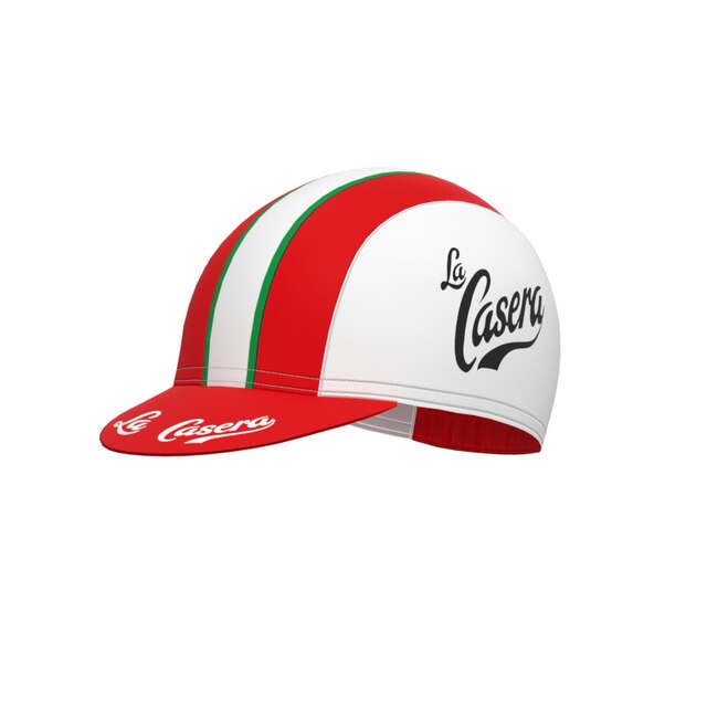 This cycling cap boasts a red and white design with green stripes, celebrating the La Casera-Bahamontes era. La Casera is elegantly printed on the side and brim in black script—ideal for pairing with your Womens La Casera-Bahamontes Retro Cycling Jersey Set.