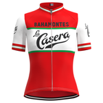 The Womens La Casera-Bahamontes Retro Cycling Jersey Set is red and white with a front zipper, bold La Casera-Bahamontes text, and green and red stripes on the arms and waist for a classic vibe.