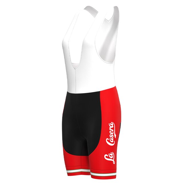 The Womens La Casera-Bahamontes Retro Cycling Jersey Set features a modern, athletic design with a white top, red and black shorts, and vertical red stripes with white text on the sides, ideal for cycling.