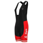 The Womens La Casera-Bahamontes Retro Cycling Jersey Set includes black and red bib shorts with white La Casera logos. The shorts have red side panels, black shoulder straps, and are inspired by a retro cycling jersey style.
