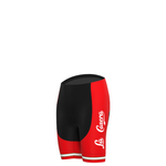 The Womens La Casera-Bahamontes Retro Cycling Jersey Set features stylish red and black cycling shorts with La Casera-Bahamontes in white on the side, offering a standout look for your next ride.