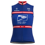 The Womens US Postal Service Jersey Set includes a stylish blue sleeveless top with red, white, and blue stripes, prominently displaying Subaru and Berry Floor logos. Featuring a zippered front and high collar, it combines comfort with style for your cycling adventures.