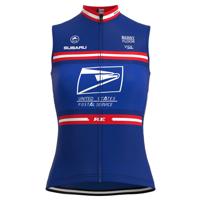 The Womens US Postal Service Jersey Set includes a stylish blue sleeveless top with red, white, and blue stripes, prominently displaying Subaru and Berry Floor logos. Featuring a zippered front and high collar, it combines comfort with style for your cycling adventures.