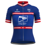 The Womens US Postal Service Jersey Set showcases Subaru, Berry Floor, and Visa logos. This blue jersey features red and white stripes on the sleeves and chest, a full front zipper, and comes with breathable shorts for a comfortable ride.
