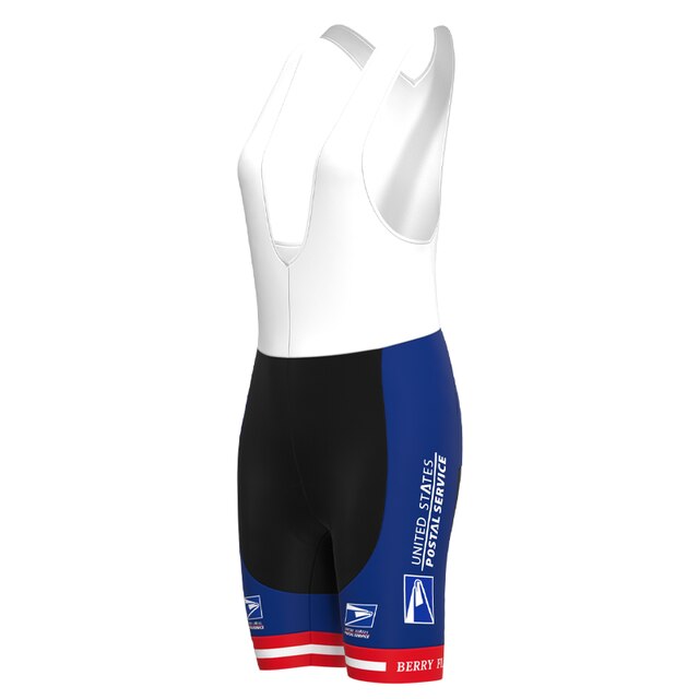 The Womens US Postal Service Jersey Set includes a sleek bib with a white upper and black shorts, featuring blue side panels with United States Postal Service text and logos. The breathable shorts have red stripes and white text at the bottom for a stylish finish.