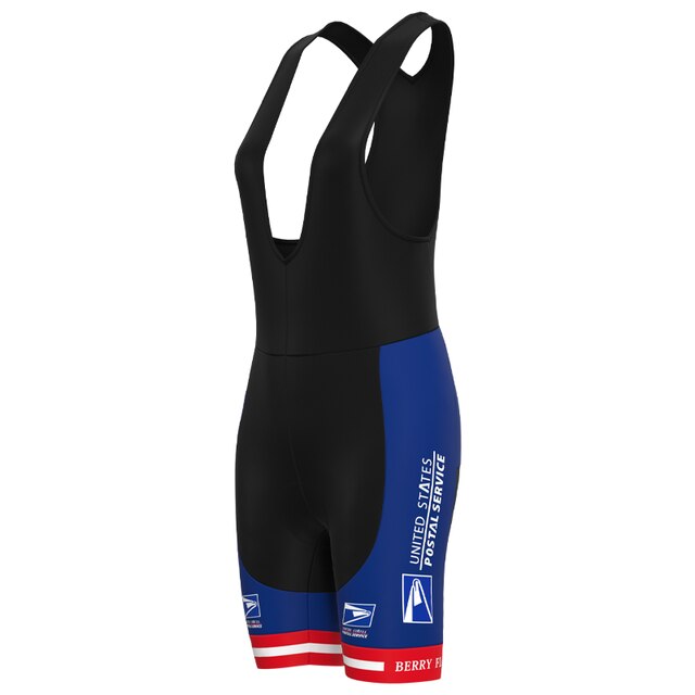 The Womens US Postal Service Jersey Set includes sleek bib shorts with black straps, mainly in black with blue on the left leg and envelope logos. The breathable shorts feature white and red hem stripes, showcasing Berry Fl in bold red.