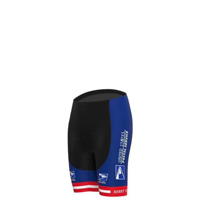 The Womens US Postal Service Jersey Set includes breathable cycling shorts with a U.S. Postal Service design in black, blue side panels, USPS logo and text, and red and white striped accents for a cohesive look with the jersey.