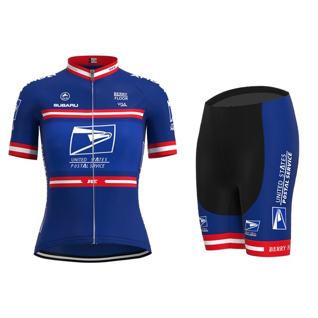 The Womens US Postal Service Jersey Set includes a blue jersey with red and white stripes, logos, a front zipper, and breathable black shorts with blue side panels and matching branding.