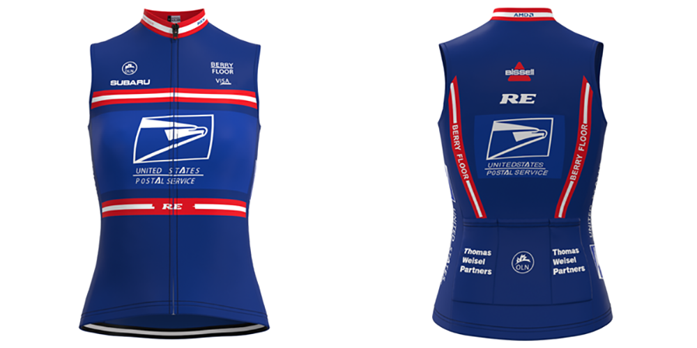 The Womens US Postal Service Jersey Set showcases a front and back view with red and white stripes, prominently displays the USPS logo, and includes sponsor logos like Subaru, Berry Floor, and Nike. Its the ideal complete cycling jersey set with breathable shorts.