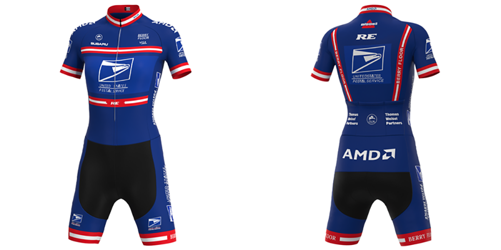 Front and back view of the Womens US Postal Service Jersey Set in blue, red, and white, featuring a tech brand logo and sponsor names on the sleeves and sides. The set includes a breathable cycling jersey and shorts.