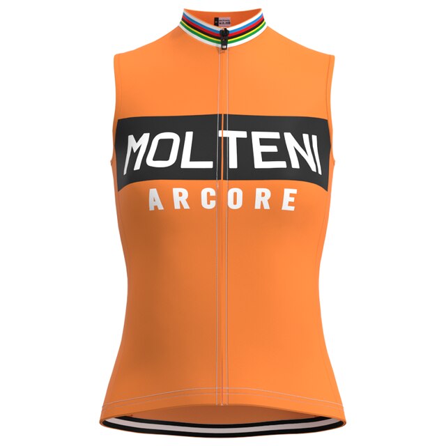 Womens Molteni Orange Retro Cycling Jersey Set: A sleeveless jersey featuring a black and white Molteni Arcore logo, inspired by Eddy Merckxs iconic jerseys, with a collar adorned in green, red, yellow, and blue stripes.